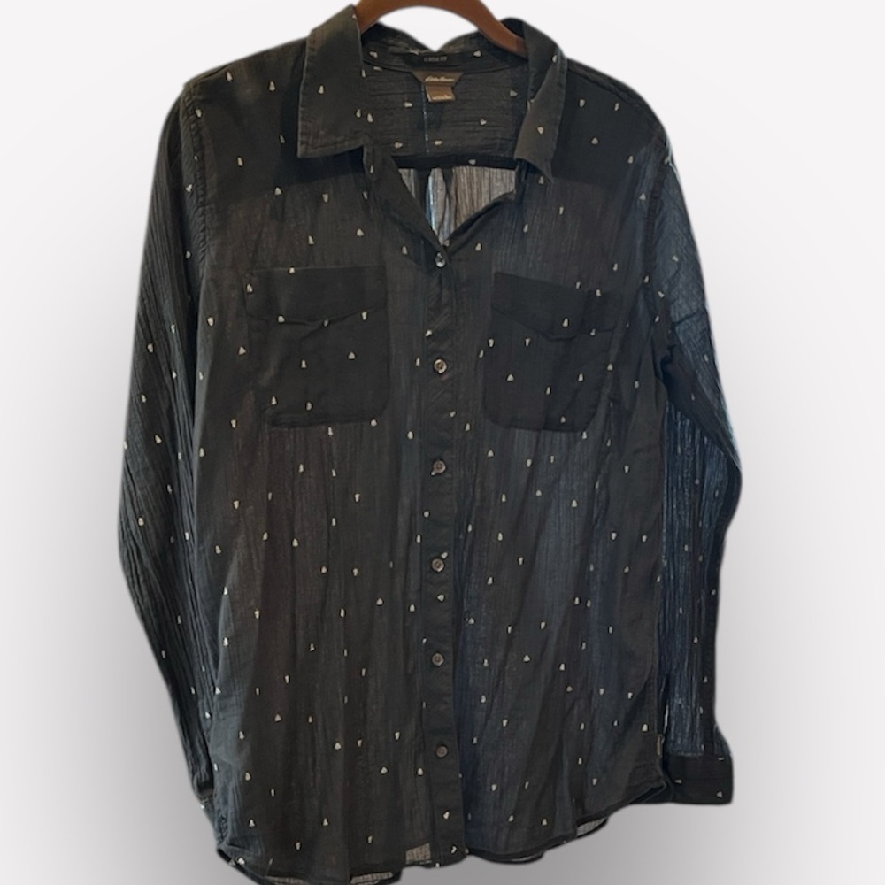🧋Eddie Bauer classic fit sheer button down crinkle shirt pockets, large blue